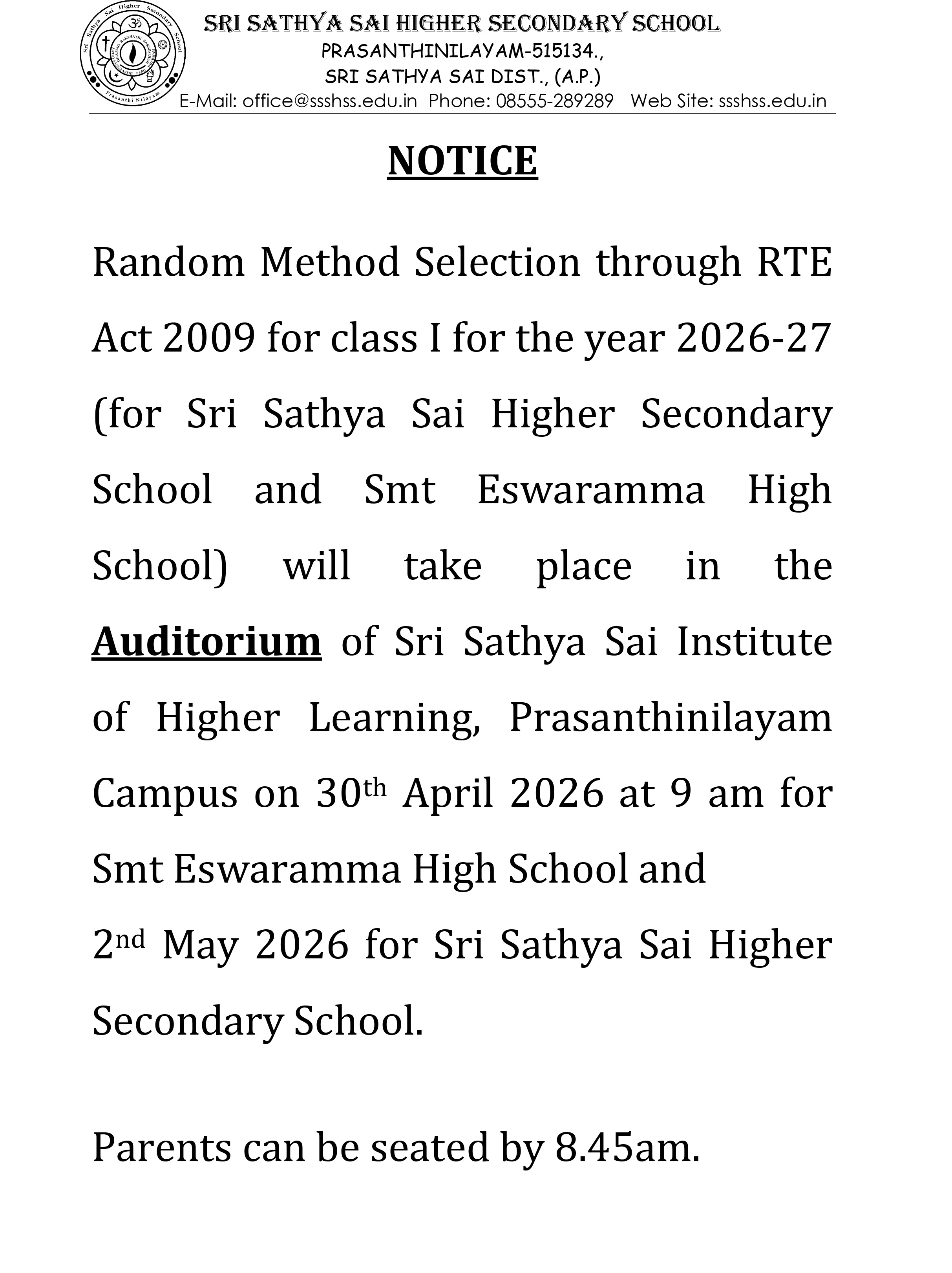 CLASS I ADMISSION NOTICE 2026 27
